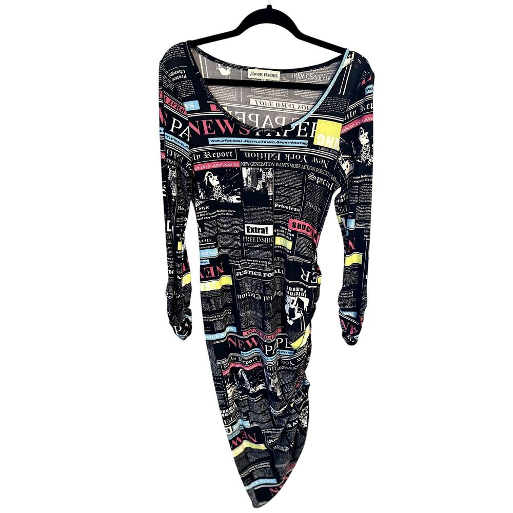 Almost Famous Black Newspaper Print Maxi Dress with Neon Pink and Yellow Accents